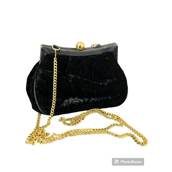 Vintage Bechamel Black Crushed Velvet Evening Bag Long Gold Tone Chain Hinged - Picture 1 of 10